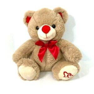 Tan Bear Plush w/ Red Ribbon, Nose & Hearts on Paw